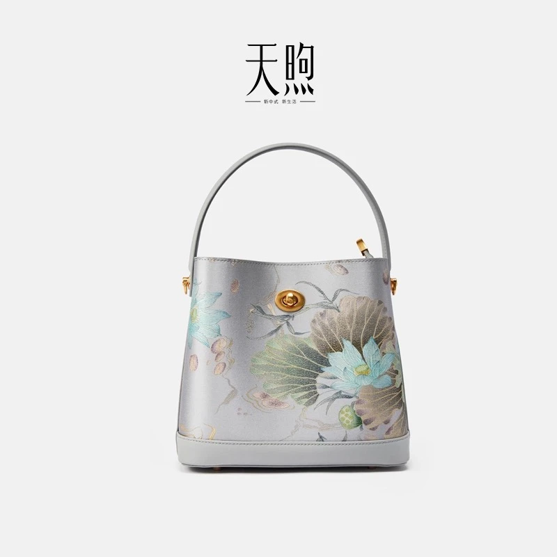 新中式国风非遗桑蚕丝印花牛皮单肩手提水桶包LD120757 J1