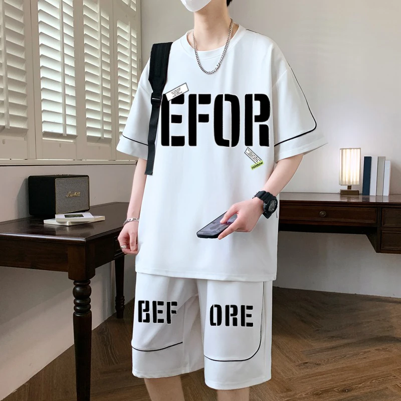 夏季中腰短袖男士短裤休闲运动套装薄款宽松休闲潮流百搭帅气韩版