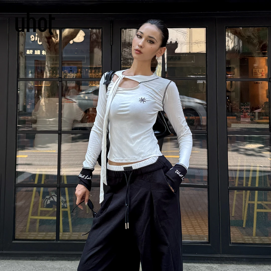 UHOT/诱货白色撞色长袖上衣女修身显瘦性感系带女士t恤UWWA2N674M