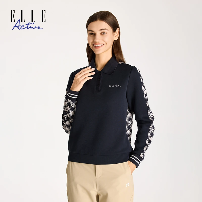 ELLE Active秋季新款百搭Polo领卫衣时尚休闲拼接撞色字母上衣女