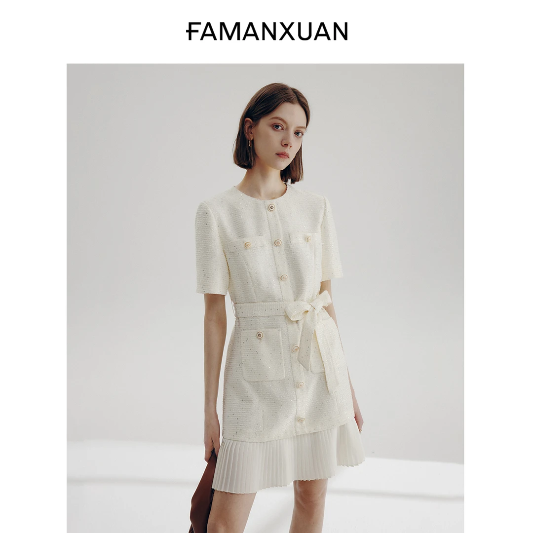 法曼萱白色法式小香风连衣裙女2025夏新款高级感收腰拼接百褶裙子