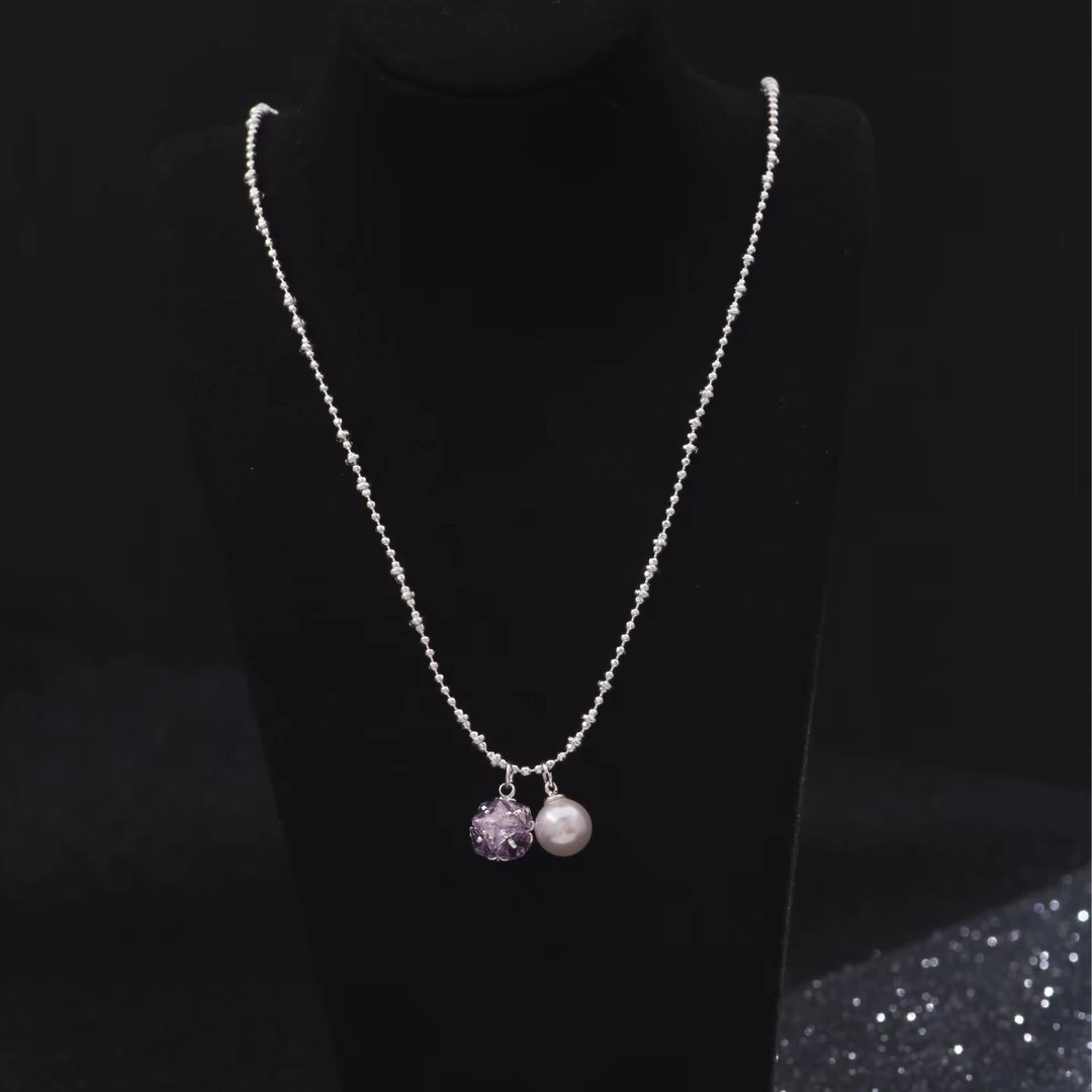 铜合金项链 《货号9437》紫色双吊坠珠珠项链锁骨链颈链（链长40+5）