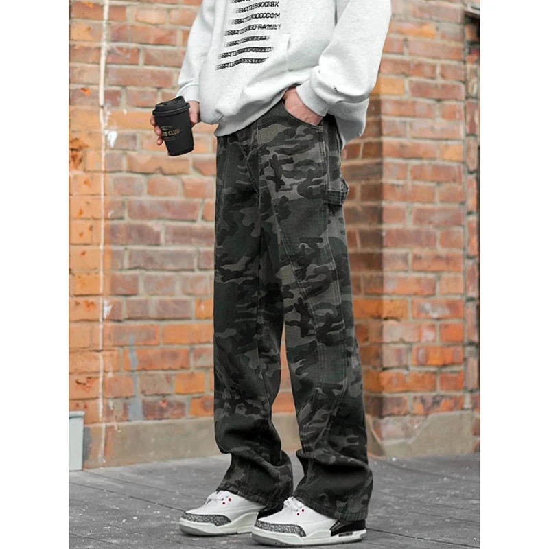 秋季美式情侣直筒印花牛仔裤水洗休闲街头迷彩宽松做旧工装裤男