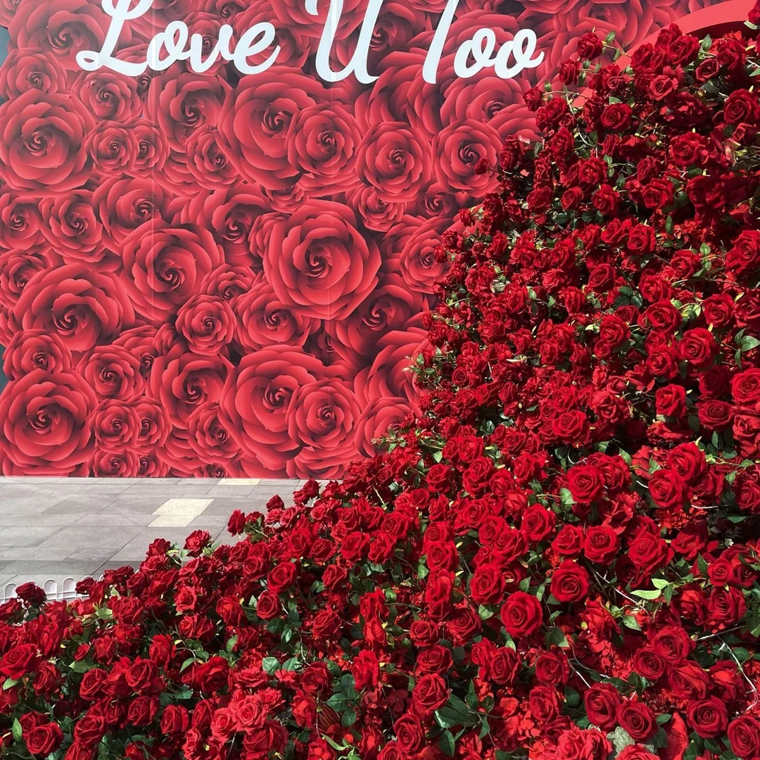 玫瑰花瀑布仿真花商场引流装饰网红拍照打卡背景墙花墙情人节布置
