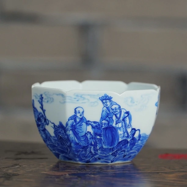 【见燃柴窑】景德镇纯手工手绘佛心传世陶瓷十八罗汉主人杯八方杯