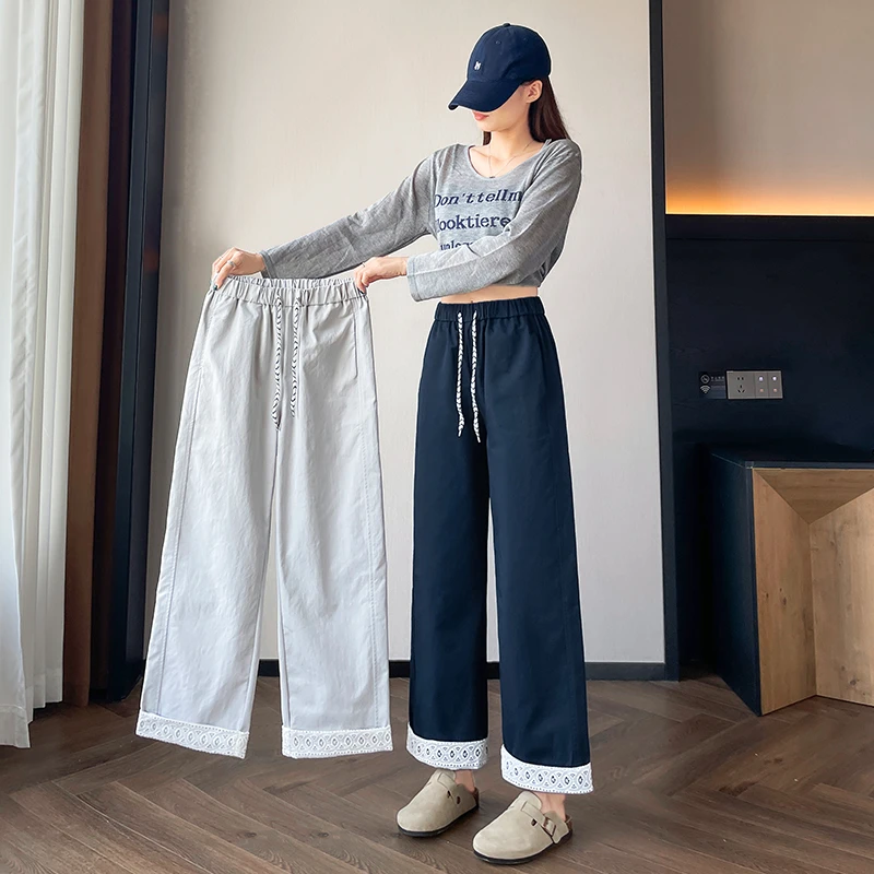 窄版蕾丝阔腿裤女春秋季2025新款高腰大码八分直筒裤休闲九分裤女