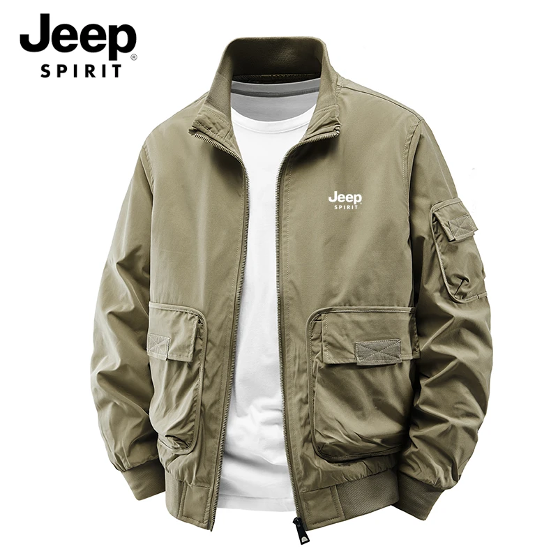 Jeep吉普春秋季外套夹克男休闲立领宽松大码潮流工装男多口袋茄克