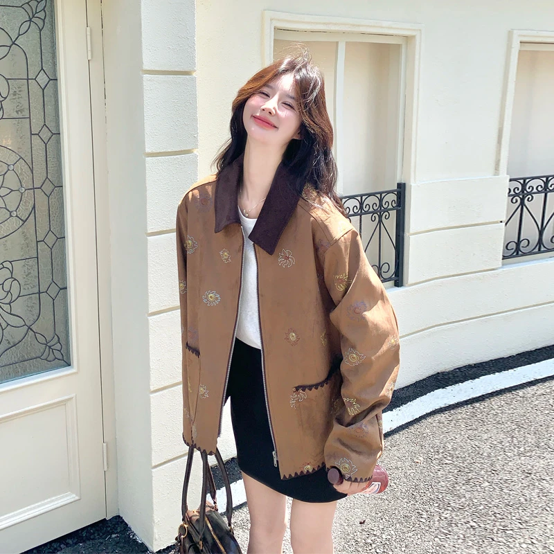 复古甜酷风麂皮绒刺绣外套2025春秋新款小众设计感撞色翻领短夹克