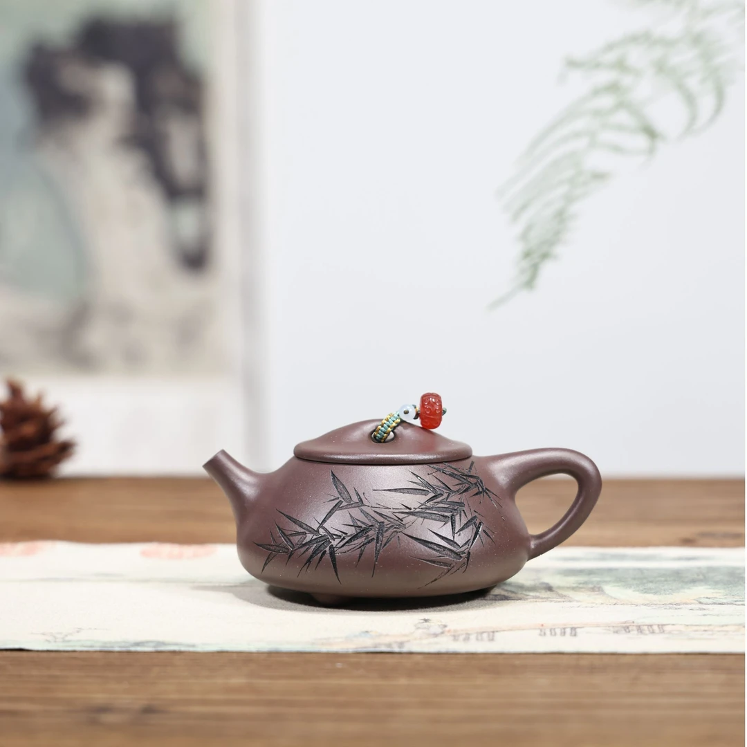 紫砂纯手工满瓢壶原矿高温老紫泥助工徐浩满精工知足常乐170cc