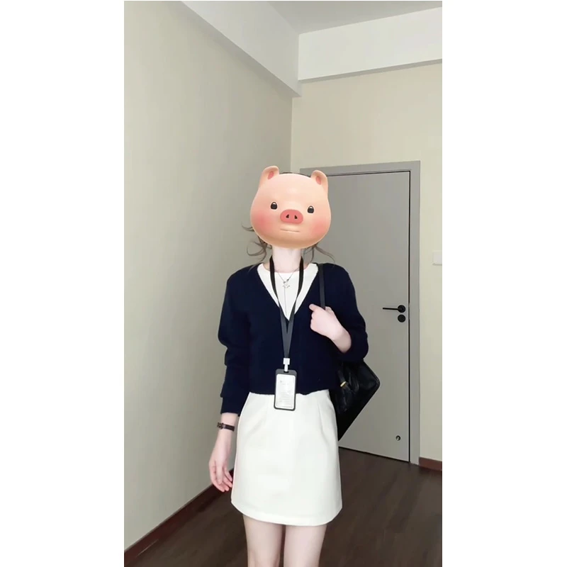 韩系学院风藏青色假两件针织衫女春秋新款宽松毛衣上衣半身裙套装