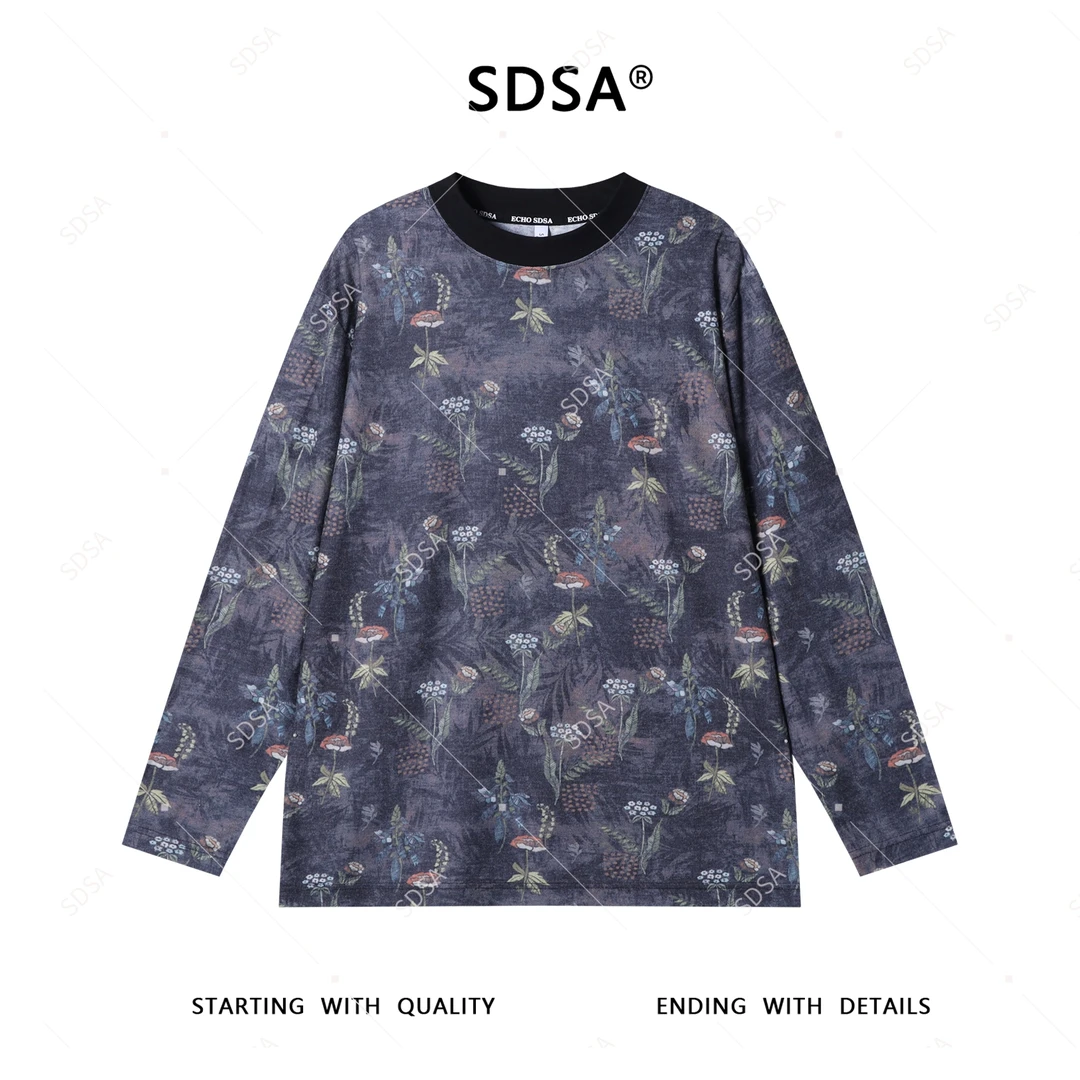 SDSA秋季新款男士痞帅设计师扎染植物花卉圆领长袖T恤宽松时尚