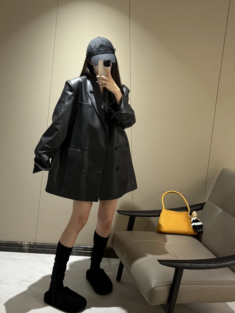 真皮！高级设计感休闲重工别致极简质感男友风西装皮衣外套