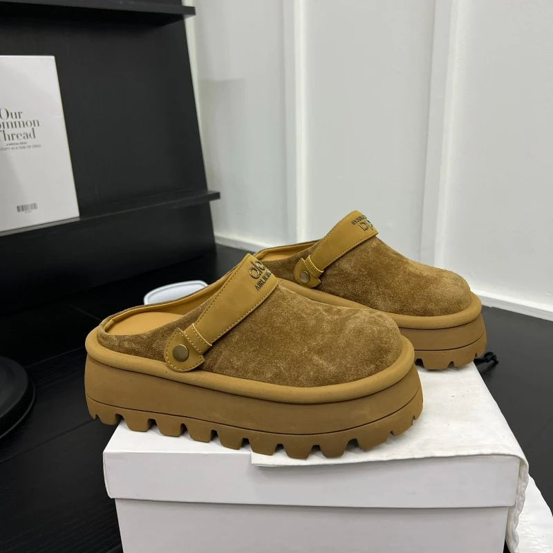 小众设计超轻底磨砂皮包头拖鞋女2025年新款厚底两穿休闲半拖鞋潮