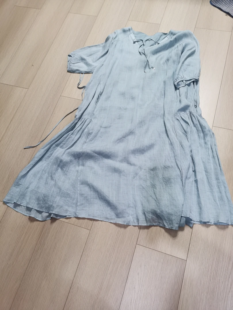 双层苎麻有腰绳休闲连衣裙