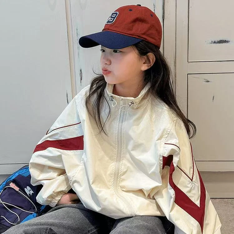 女童夹克外套春秋款2025新款中大童撞色宽松运动休闲儿童韩版上衣
