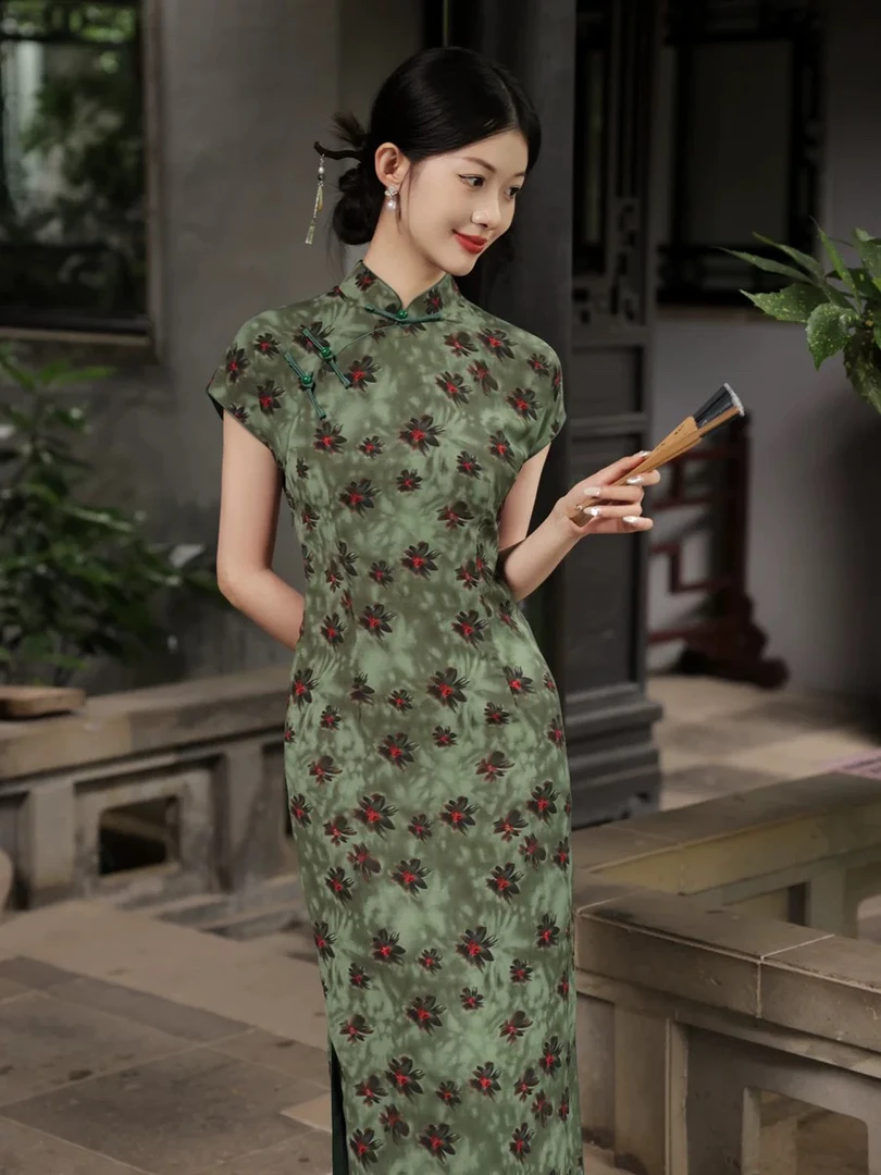 〖绿底黑花020〗倩倩年轻款春秋长袖新中式日常中国风苏州旗袍
