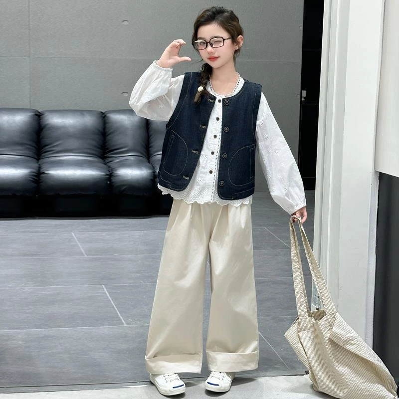 女童春装套装2025新款复古洋气儿童春秋提花衬衫马甲休闲裤三件套