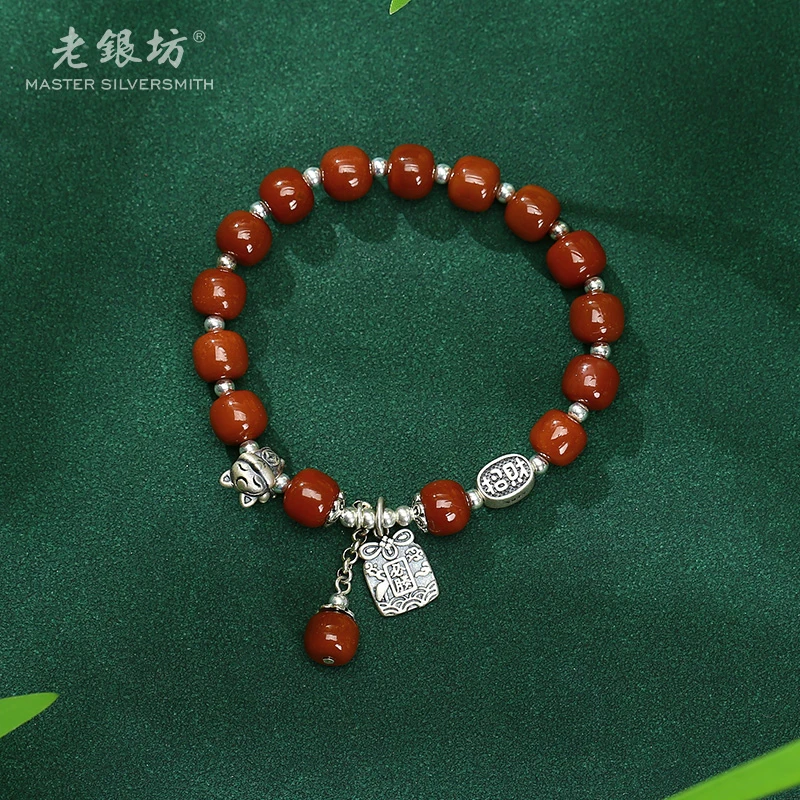 【老银坊】s925银玛瑙间珠九尾狐招米猫手串 0035532
