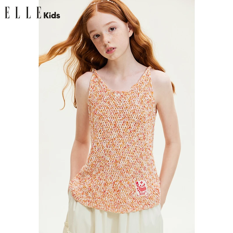 ELLE KIDS 幻彩纽带针织背心女童夏季新款法式度假风绣花上衣X2