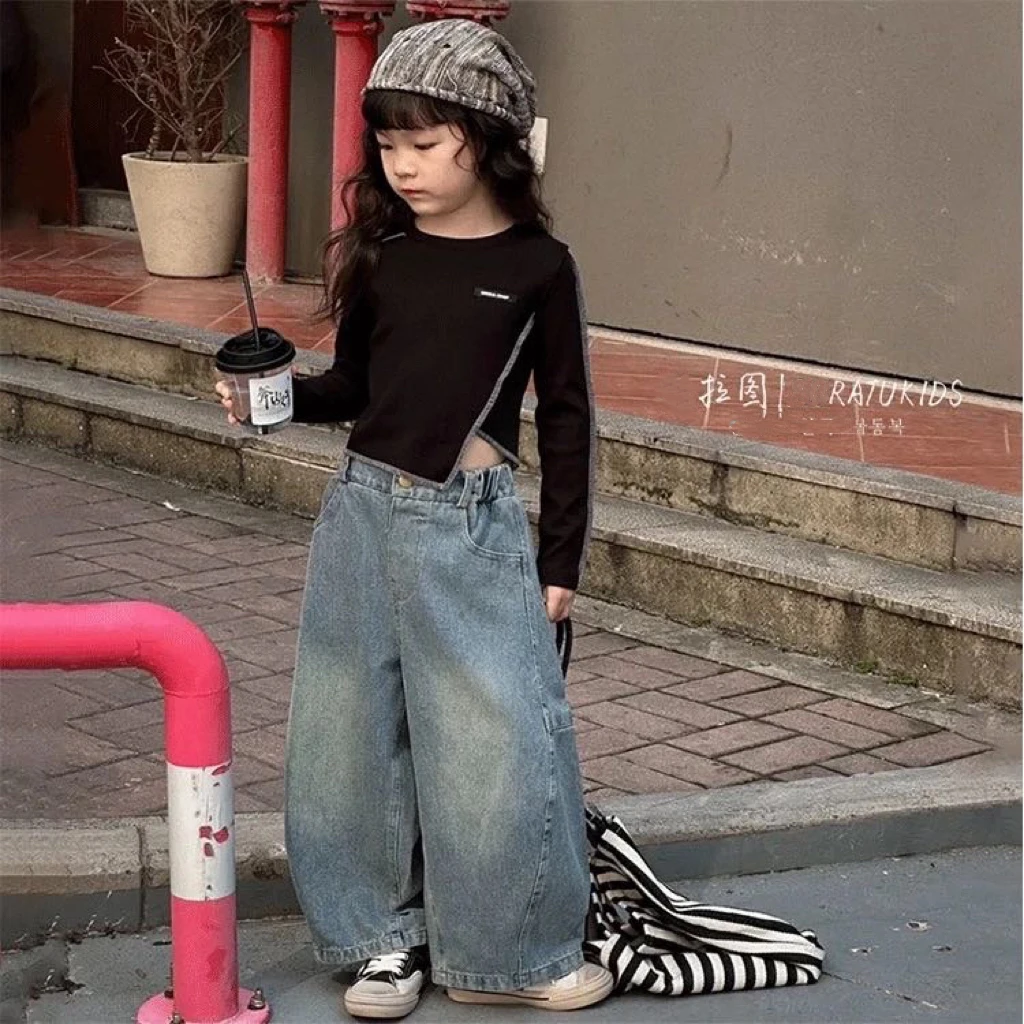 女童长袖T恤2025新款春装韩版儿童明线不规则洋气百搭打底上衣潮