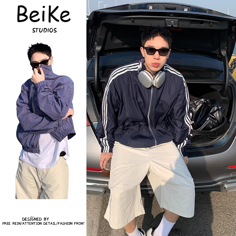 双面穿复古三条杠格子运动风夹克男女春秋简约设计感休闲百搭外套