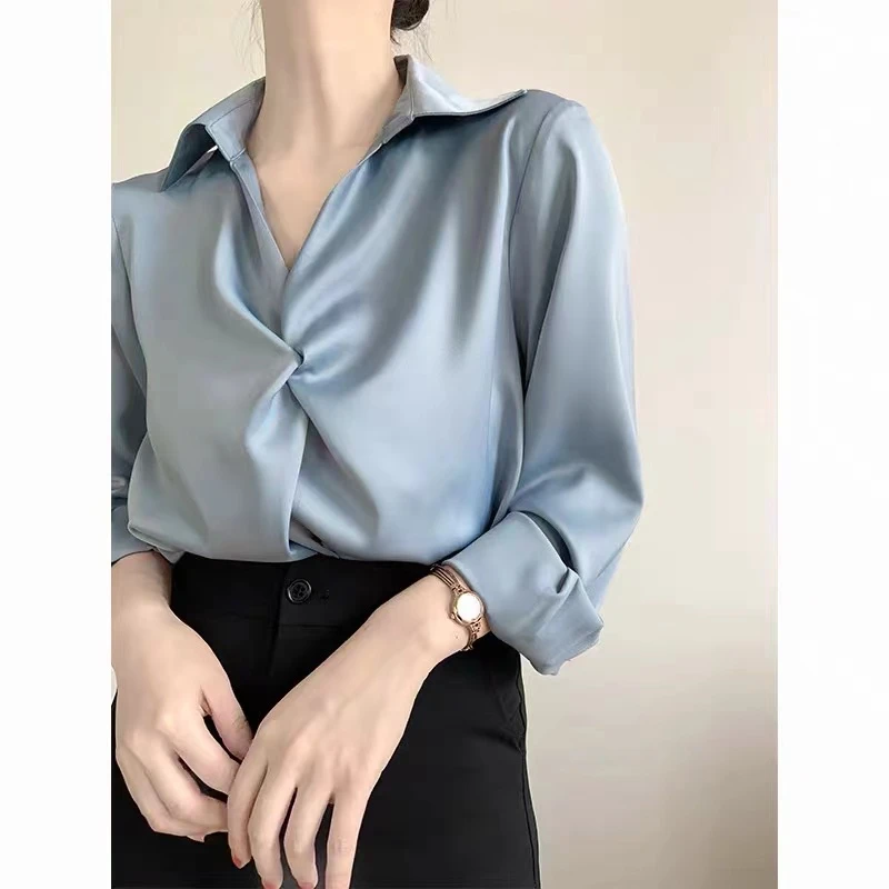 二哥二嫂【缎面衬衫】春季气质通勤时尚百搭设计感纯色缎面衬衣
