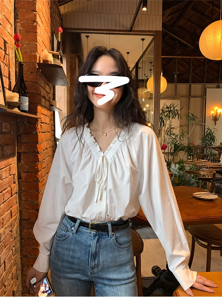 Miss sumey0902#自制法式V领宽松凉感抽褶休闲长袖气质上衣