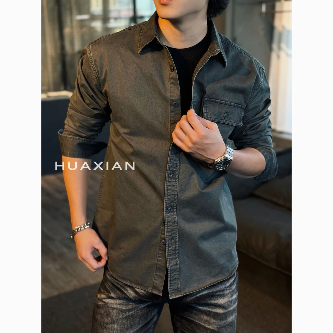HUAXIAN重磅美式纯棉水洗长袖衬衫男秋冬复古简约高级感衬衣外套