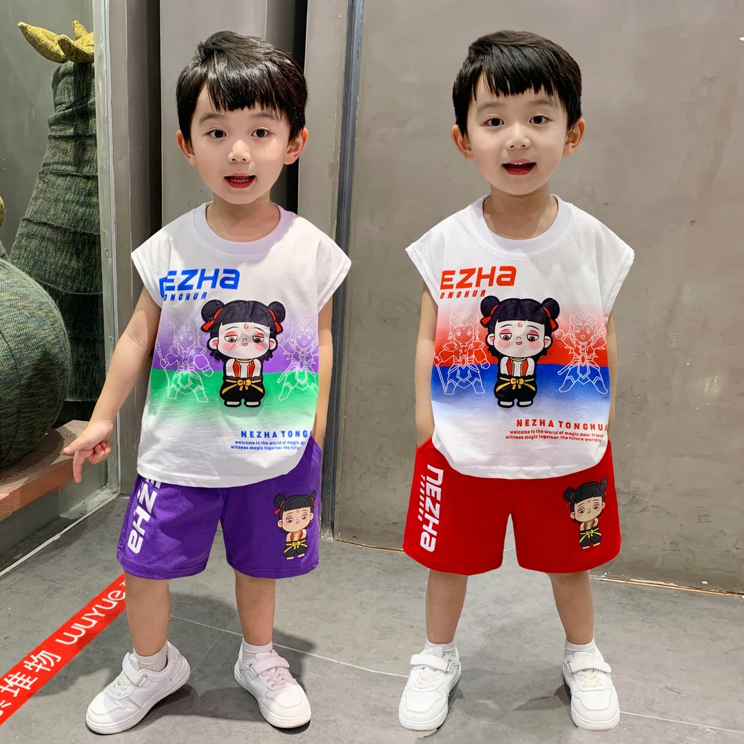 哪吒衣服男童夏季背心套装2025新款洋气儿童渐变小男孩休闲两件套