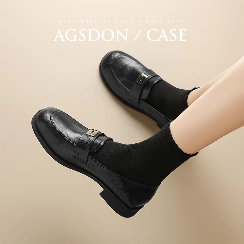 奥古狮登乐福鞋女2025新款春秋一脚蹬单鞋黑色通勤英伦风小皮鞋