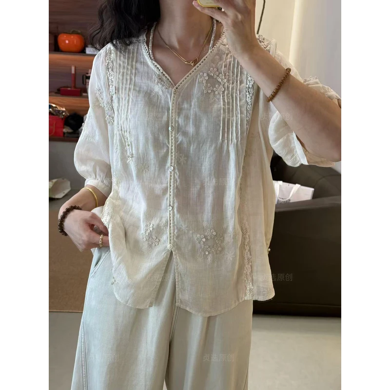 866-夏季新款中式刺绣苎麻衬衫女五分袖宽松显瘦上衣