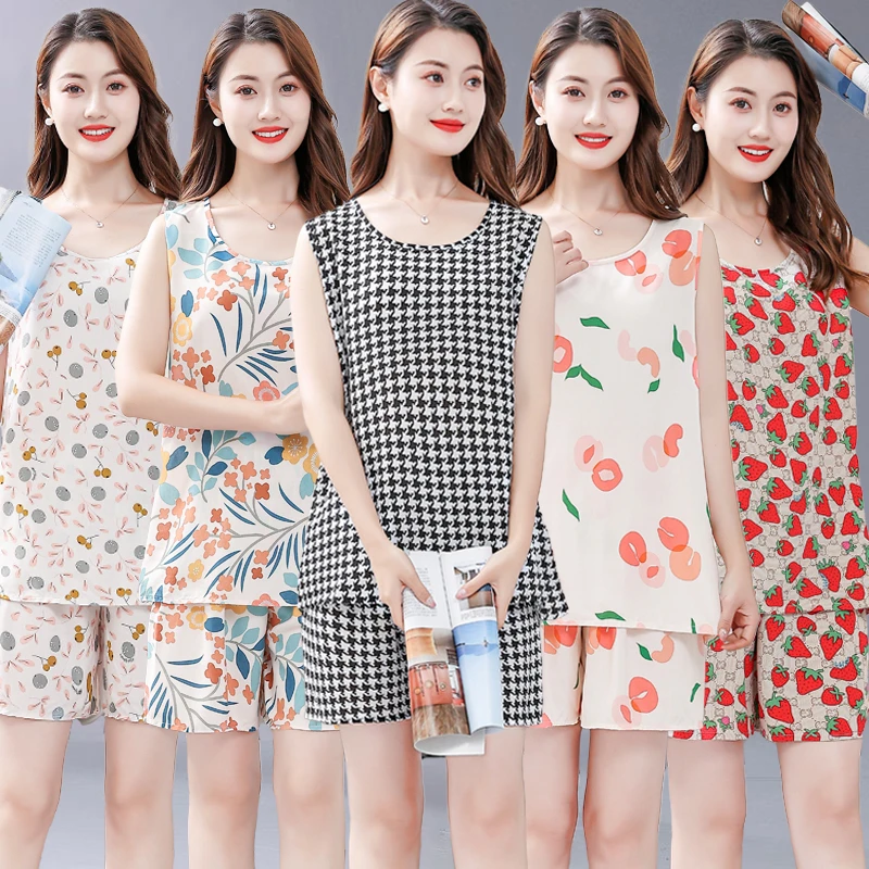 棉绸睡衣女夏季薄款无袖短裤套装套头小清新人造棉可外穿家居服夏