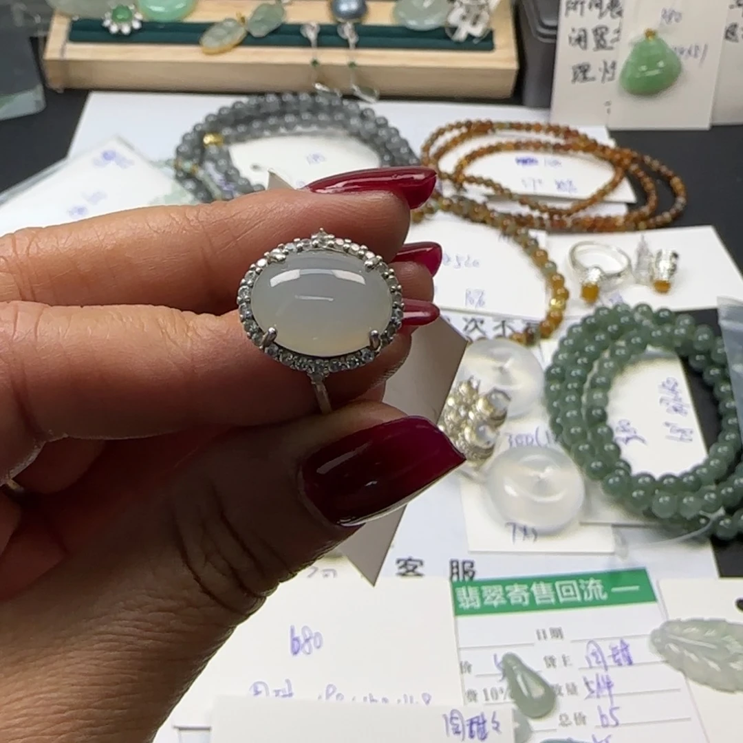 翡翠戒指银S925镶嵌天然翡翠Ａ
