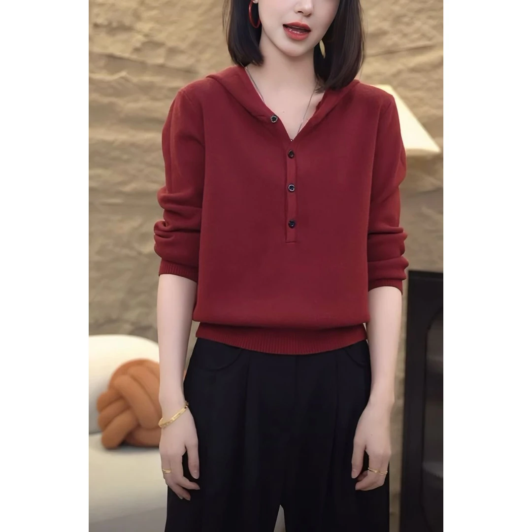 2025秋冬连帽打底衫毛衣针织衫宽松显白上衣女士