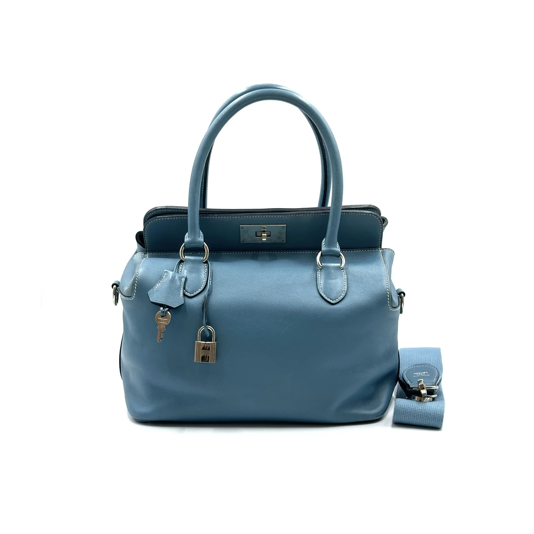 95新 Hermes/爱马仕 牛奶盒子26 牛仔蓝 银扣 单肩手提包 n刻
