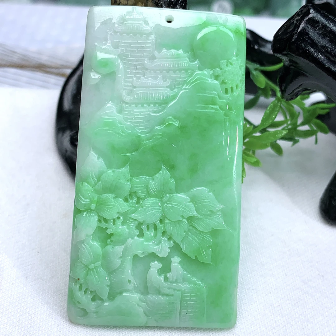 天然缅甸翡翠A货满绿山水吊坠挂件玉牌61.2−32.7−4.4mm