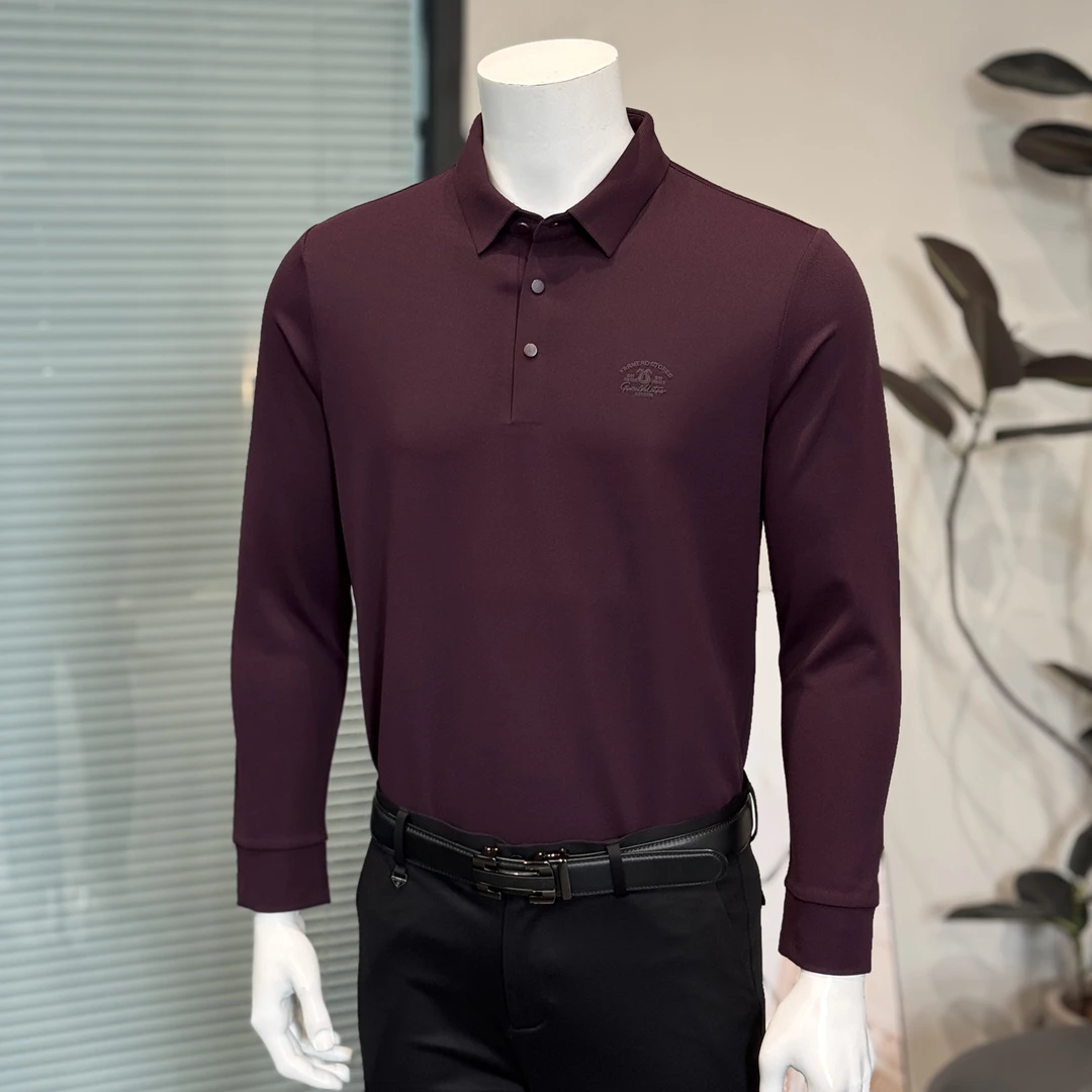 秋季男士华夫格大弹力免熨烫翻领长袖T恤男士长袖休闲打底衫中年