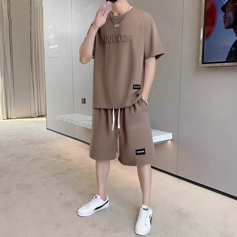 夏季宽松短袖t恤男士五分短裤搭配帅气一整套衣服休闲运动套装男