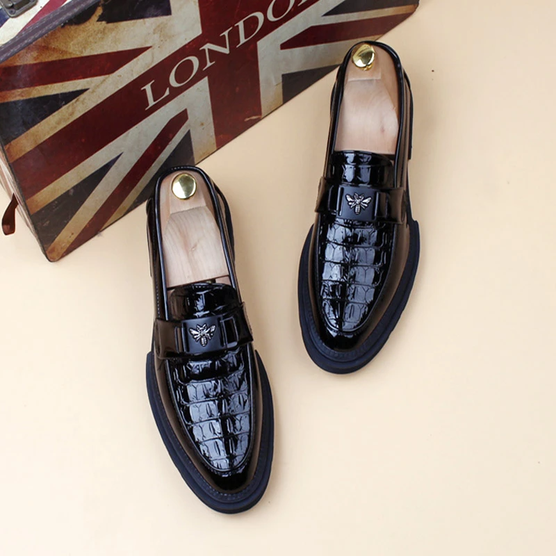 新款休闲乐福鞋鳄鱼纹一脚蹬尖头皮鞋男士韩版正装商务厚底内增高