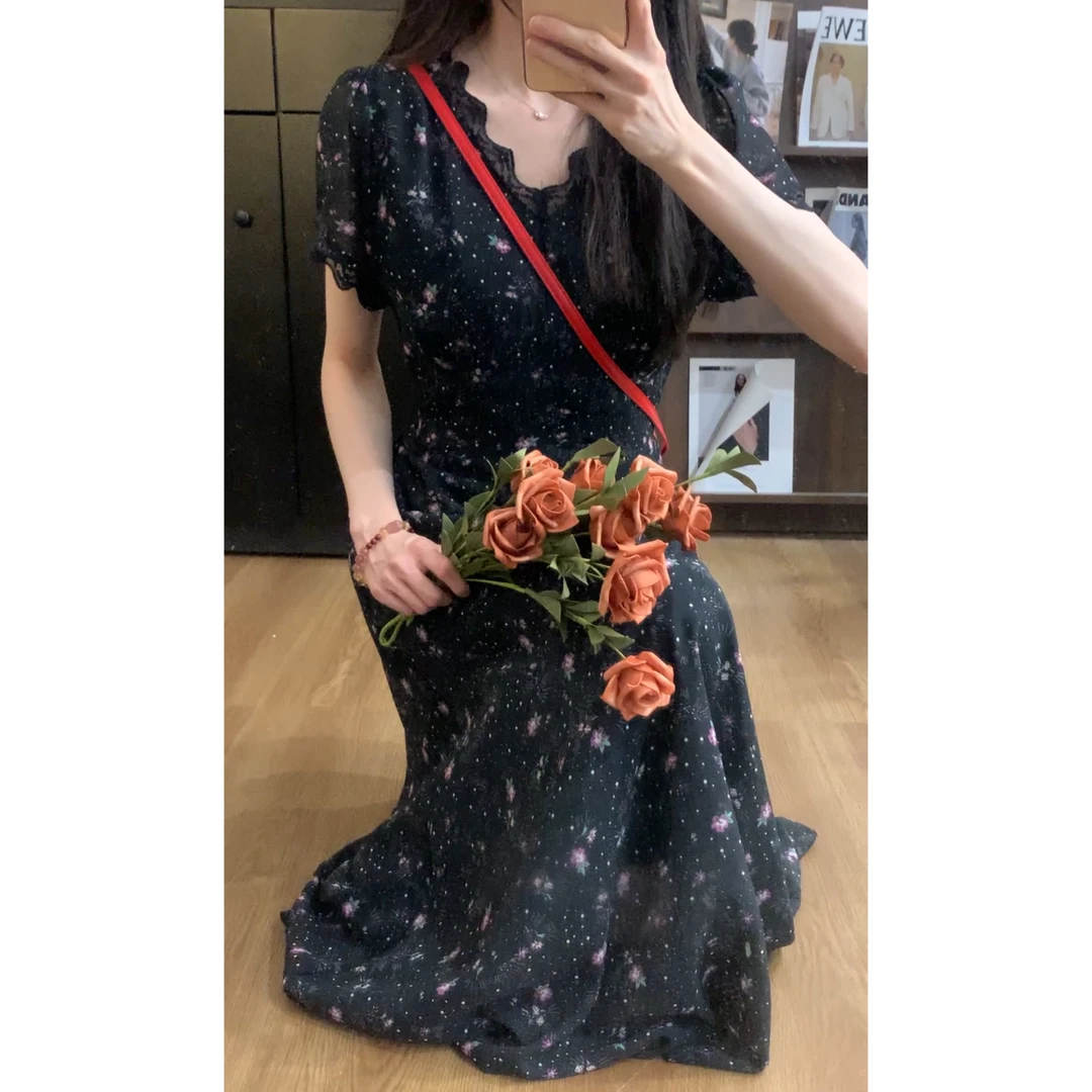 夏季气质碎花蕾丝收腰显瘦后绑带V领甜美短袖长款连衣裙1014#A