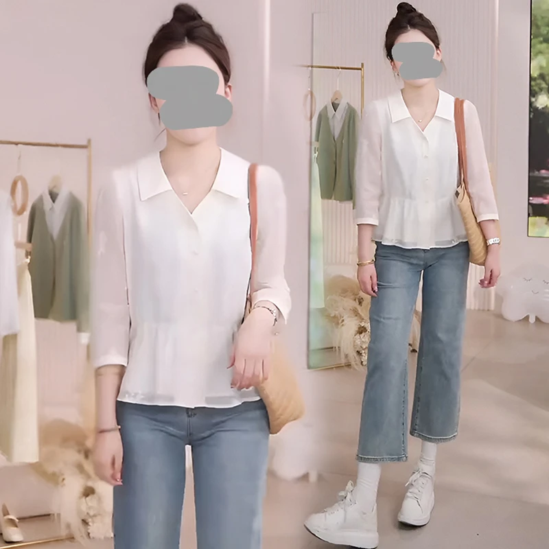 2025春夏新款衬衫女七分袖拼接收腰气质V领减龄米色衬衣通勤上衣