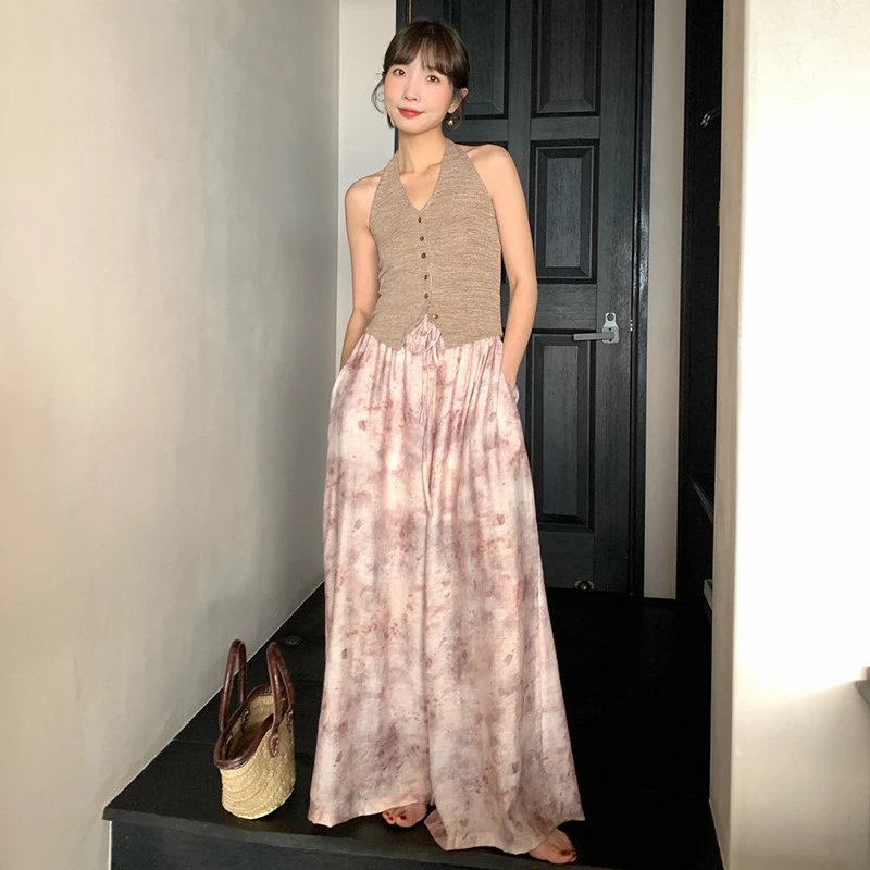 韩版宽松显瘦高腰系带天丝慵懒阔腿裤女G6109