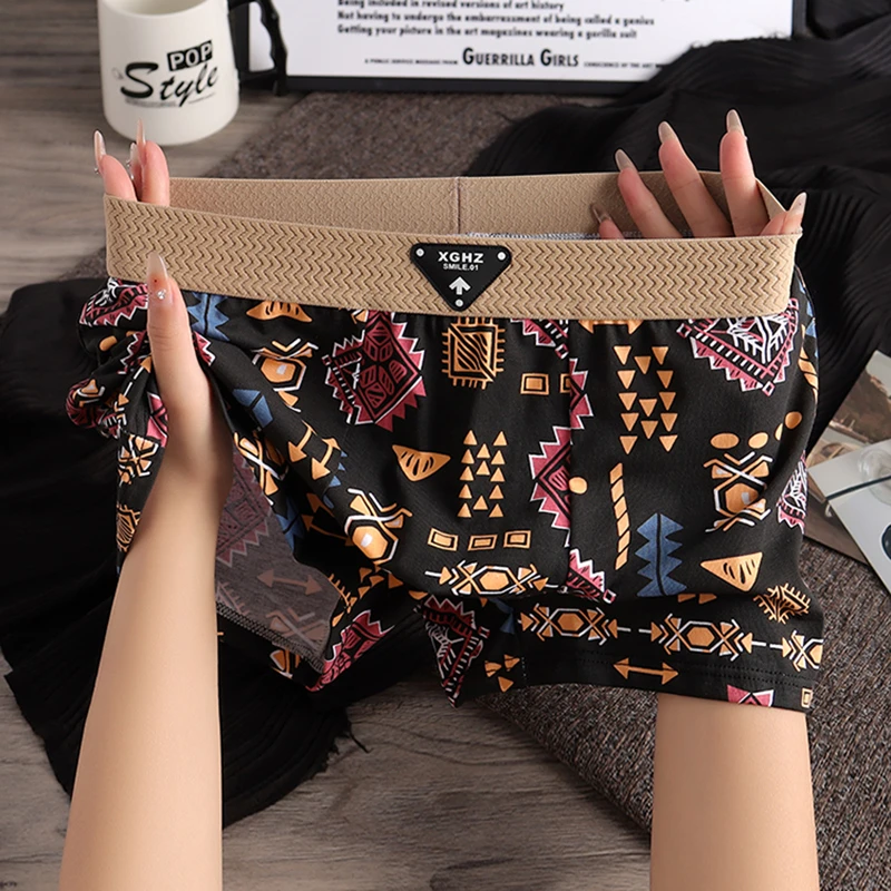 棉质新款复古风男士内裤男生潮流个性印花平角内裤透气四角短裤头