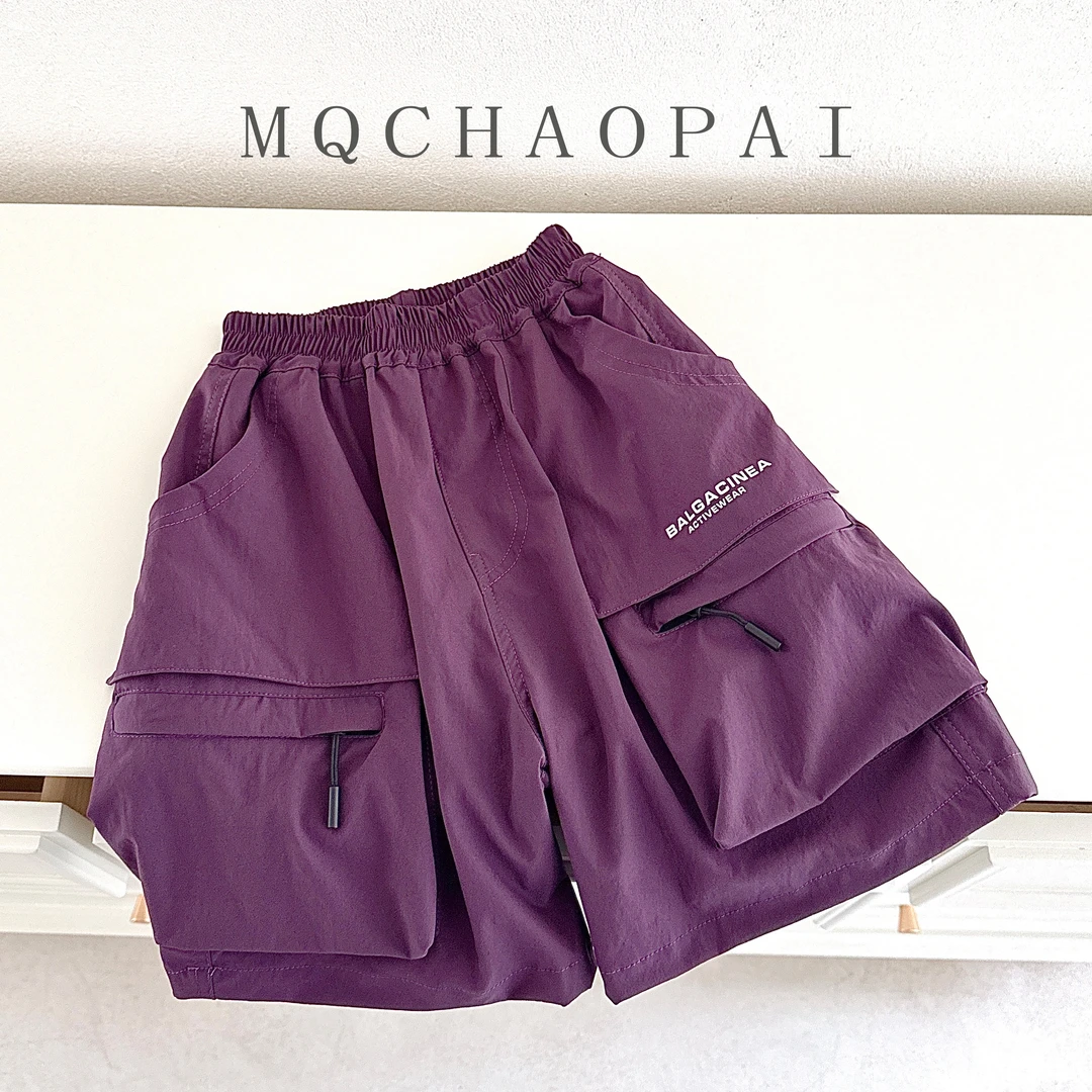 5283紫色字母拉链儿童男童夏款工装速干短裤2025新款中大童薄款