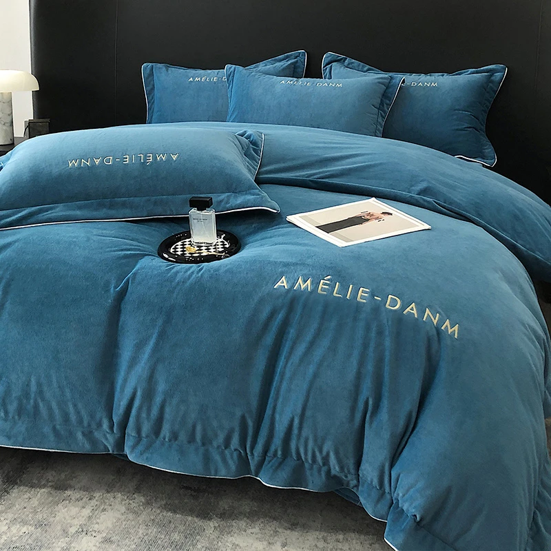 水星高端适用家纺冬季加厚婴儿绒纯色刺绣被套四件套牛奶绒保暖床