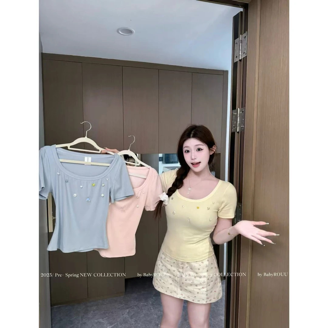 【现货】【贝壳tee】温与柔清新手工精致贝壳正肩上衣碎花温柔风半裙