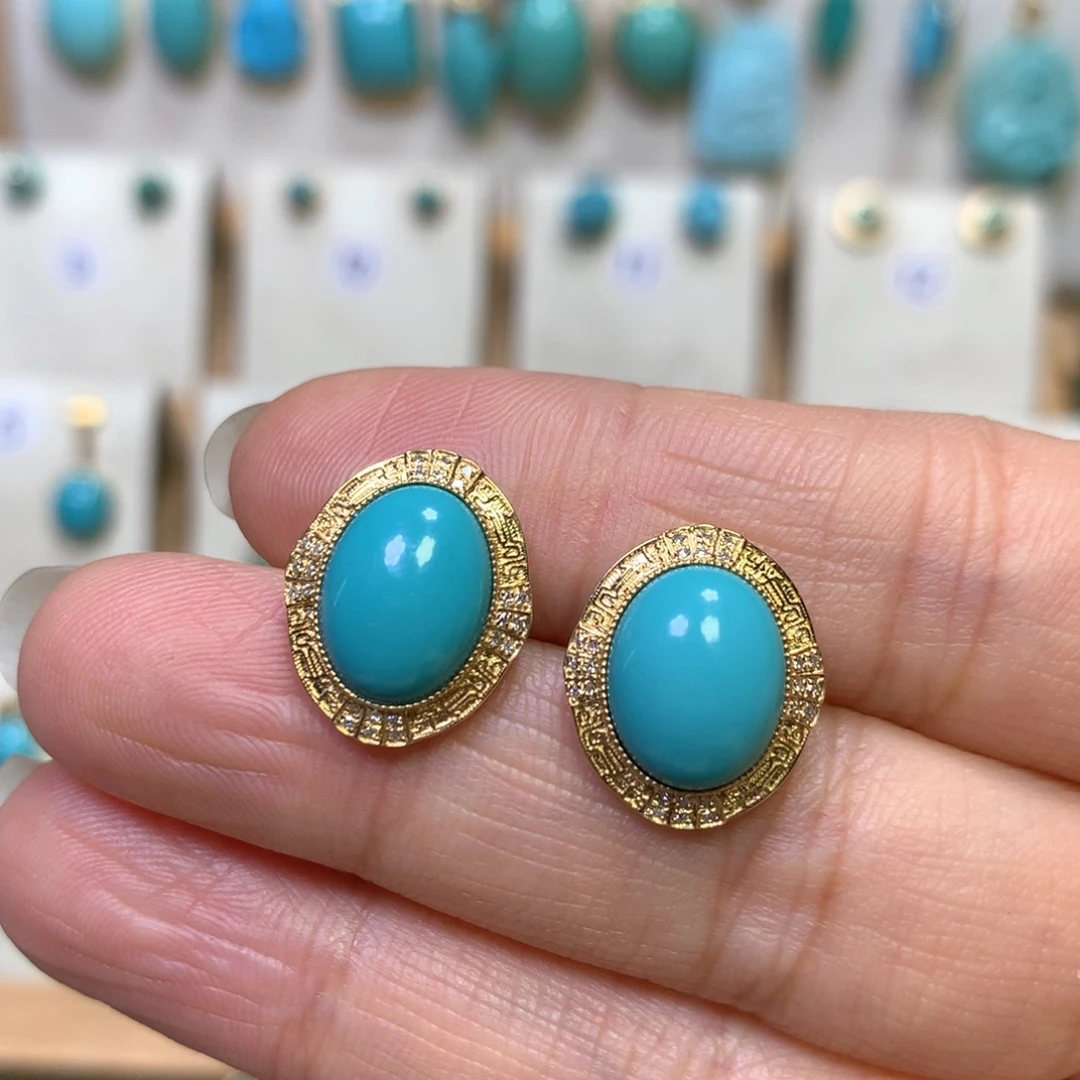 绿松石耳钉18K金镶嵌