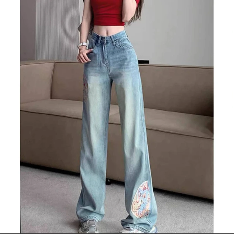 弹力直筒牛仔裤女设计感裤子国风刺绣显瘦阔腿裤202453831源源