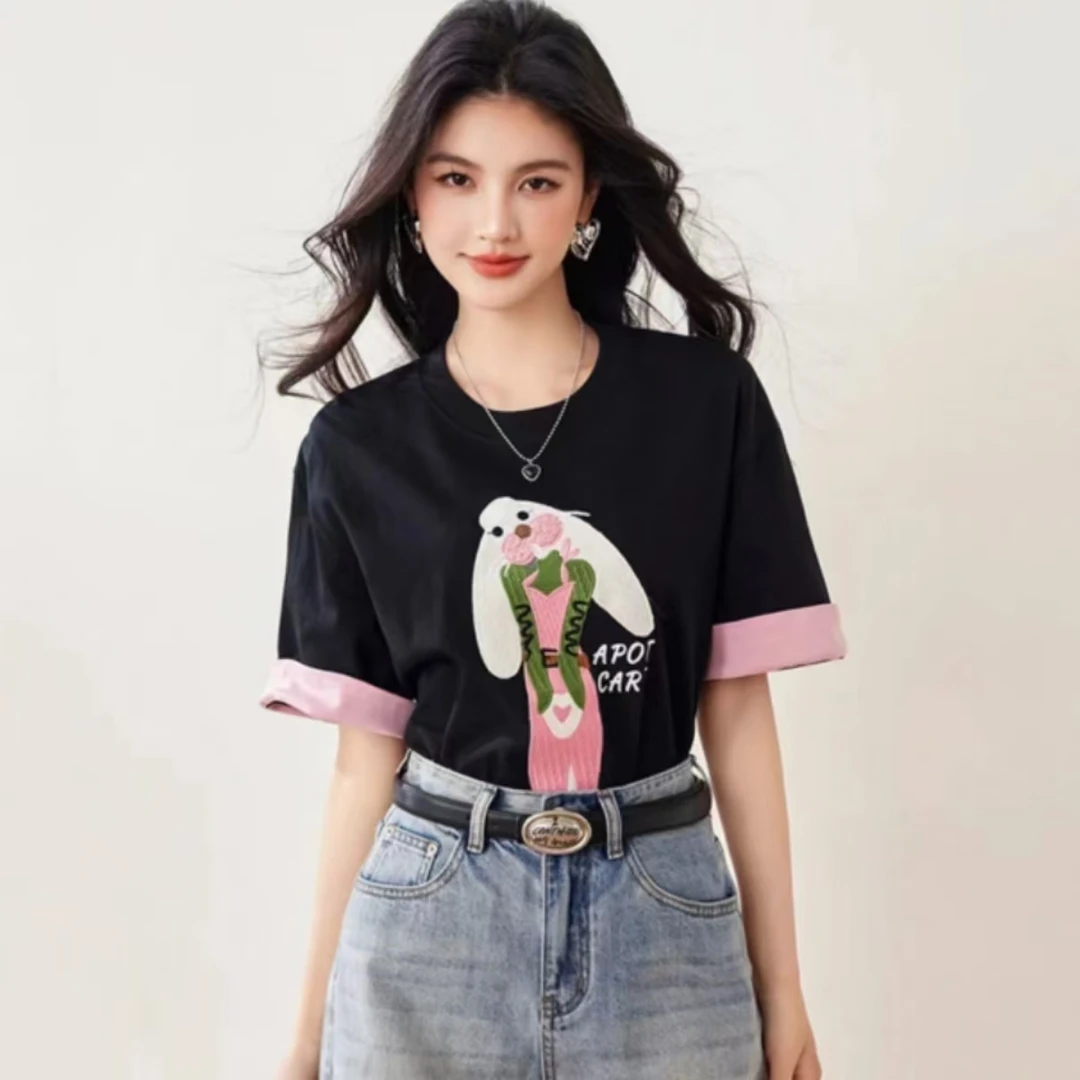 【瘦瘦兔】时尚夏季新款减龄小兔子绣花双色丝光棉短袖T恤Y9520