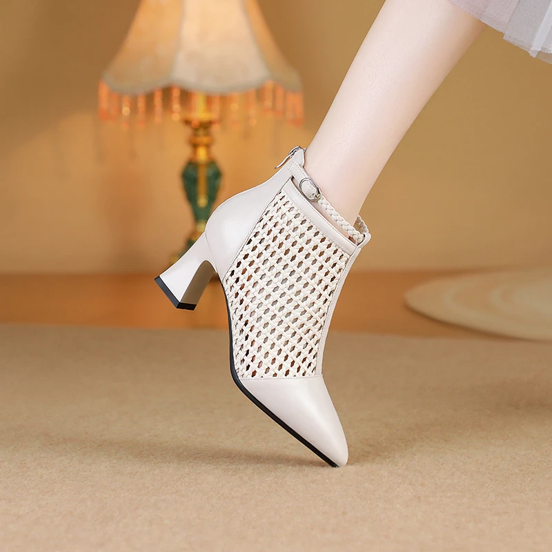 手工编织凉靴9143/牛皮/34-42/时尚百搭尖头后拉链短靴